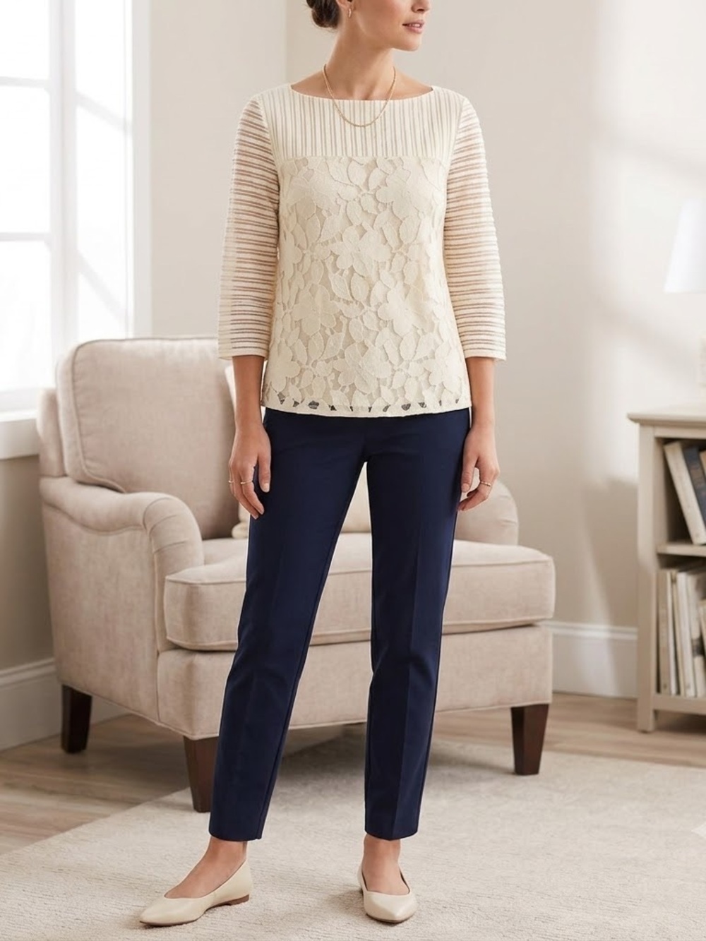 Tory Burch Cream Floral Lace & Mesh Stripe Blouse - Size S